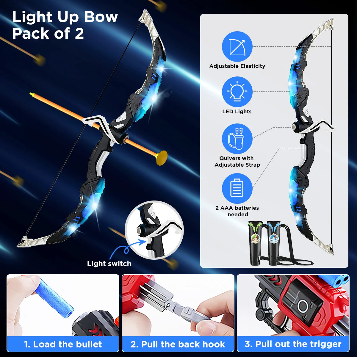 VATOS 2X Bow Arrow + Guns Toy For Kids Night-Light Archery Stand Target Board Indoor Outdoor Game Toys Boys Girls Gift