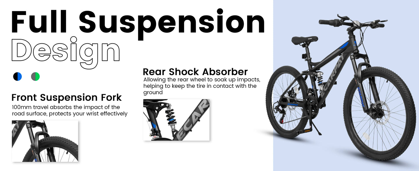 Ecarpat Dual Full Suspension Mountain Bike 24/26/27.5 Inch, Mens Women Teenagers Boy Girl Mountain Bike, 21-Speed Disc Bicycles