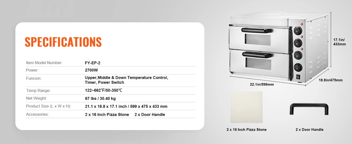 VEVOR 16" Countertop Electric Pizza Oven with Dual Heating Tubes & Adjustable Temp Control, Stainless Steel Commercial Pizza Maker
