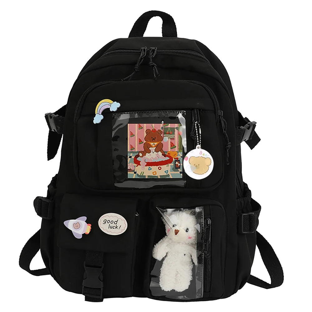 Kawaii Nylon College Backpack with Plush Pendant and Pins – Large Capacity Student Schoolbag