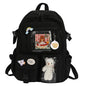 Kawaii Nylon College Backpack with Plush Pendant and Pins – Large Capacity Student Schoolbag