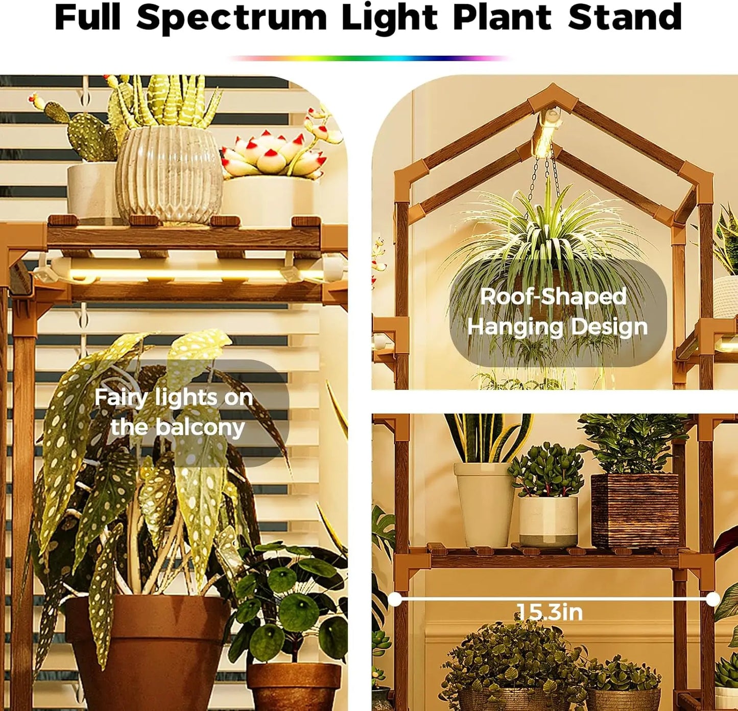 Wood Plant Shelf with Grow Lights Indoor Multi-Tier Plant Stand for Hanging Planters, Living Room Patio Garden Display Rack
