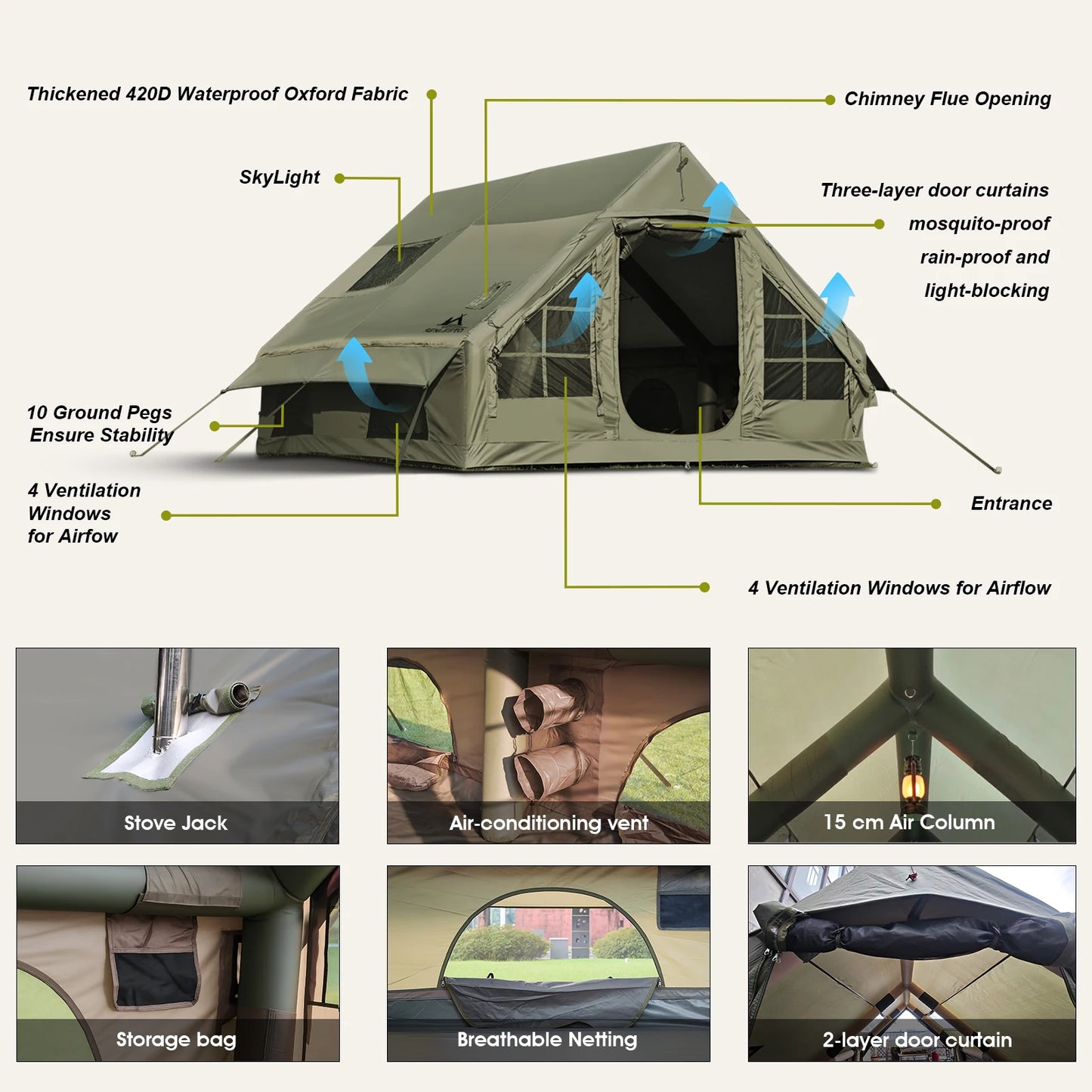 Army Green Waterproof Windproof Inflatable Camping Tent 4-Season Air Glamping Tent House with Chimney Opening & AC Vent