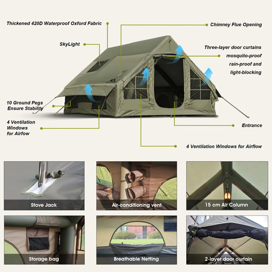 Army Green Waterproof Windproof Inflatable Camping Tent 4-Season Air Glamping Tent House with Chimney Opening & AC Vent
