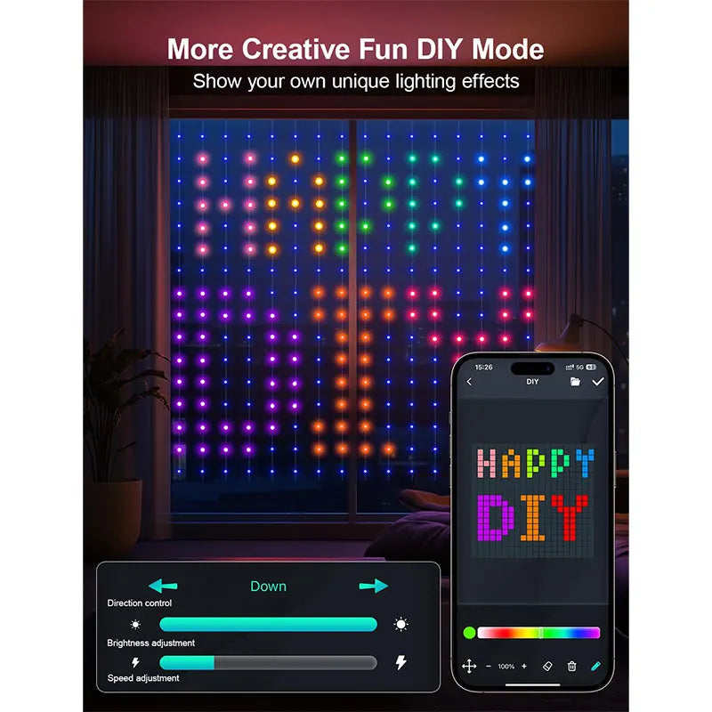 LED RGB Controlled Text Programmable Music Sync Remote Smart App String Fairy Lights Curtain