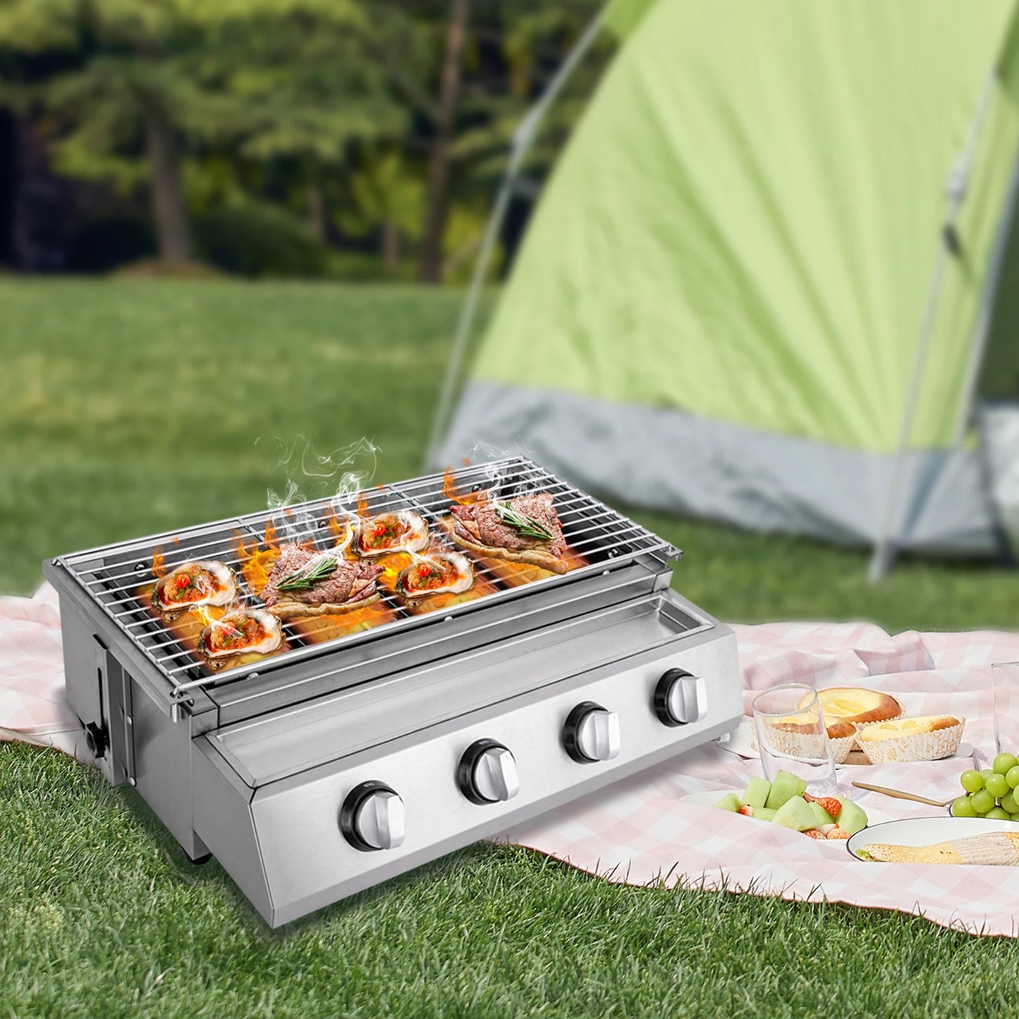 Portable 4-Burner Stainless Steel LPG Gas Grill – Smokeless Tabletop BBQ Grill with Adjustable Height and Removable Grate for Outdoor Cooking