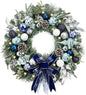Large Outdoor Lighted Christmas Wreath with Silvery Blue Accents for Front Door, 24 Inch Pre-Lit Holiday Decoration