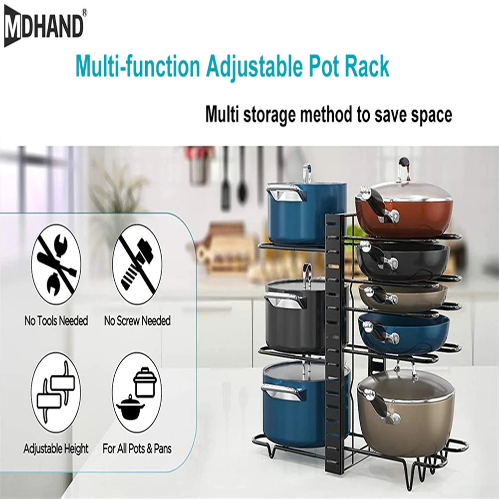 8-Tier Adjustable Pot & Pan Organizer Rack | Heavy-Duty Iron Storage Shelf for Kitchen Cabinets