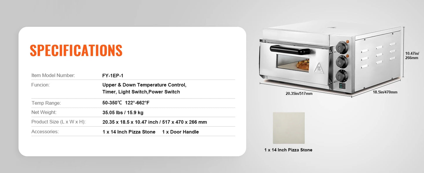 VEVOR 16" Countertop Electric Pizza Oven with Dual Heating Tubes & Adjustable Temp Control, Stainless Steel Commercial Pizza Maker