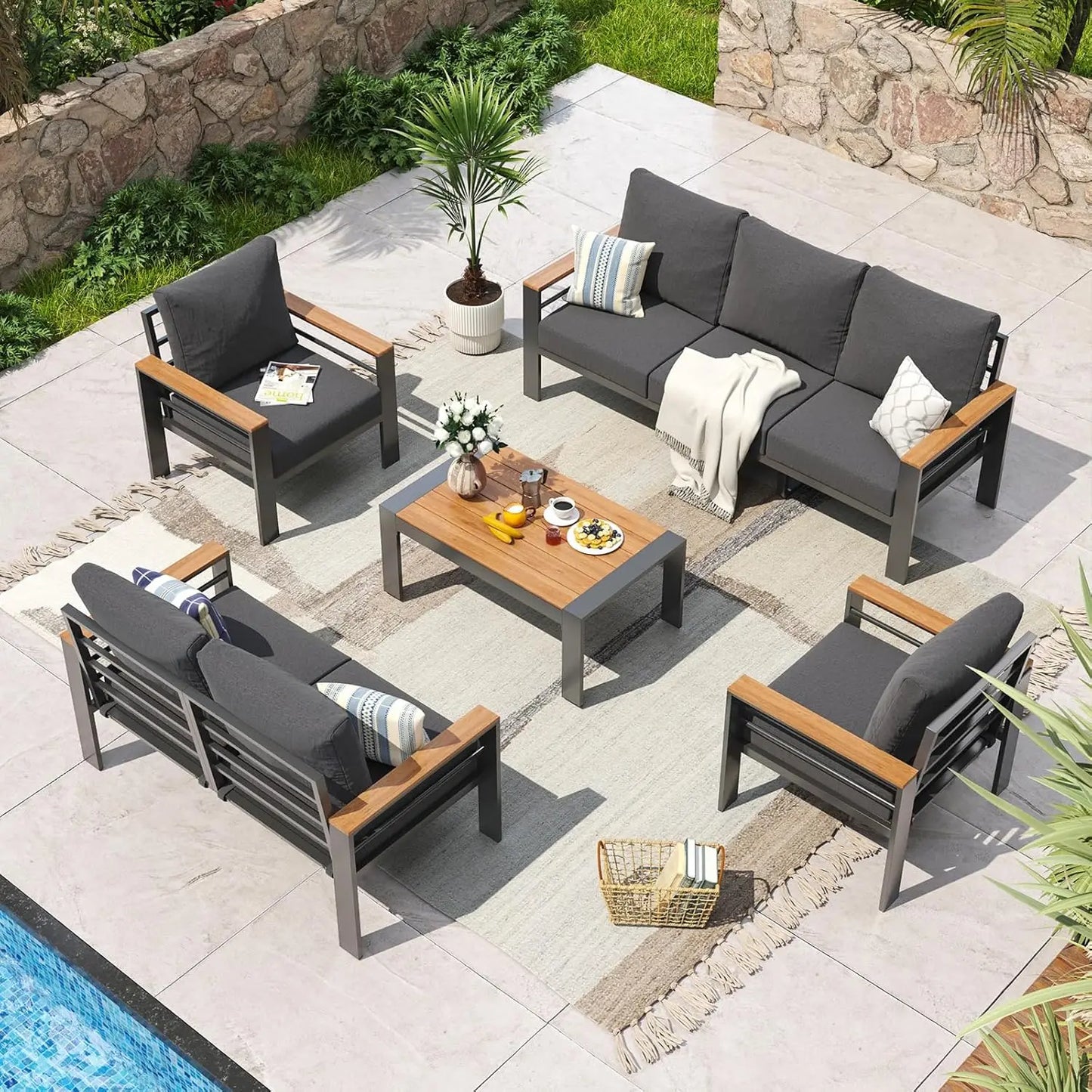 Aluminum Patio Furniture Set 7 Seats, Oversized Outdoor Sectional with Washable Thick Cushions, Coffee Table and Waterproof Cov