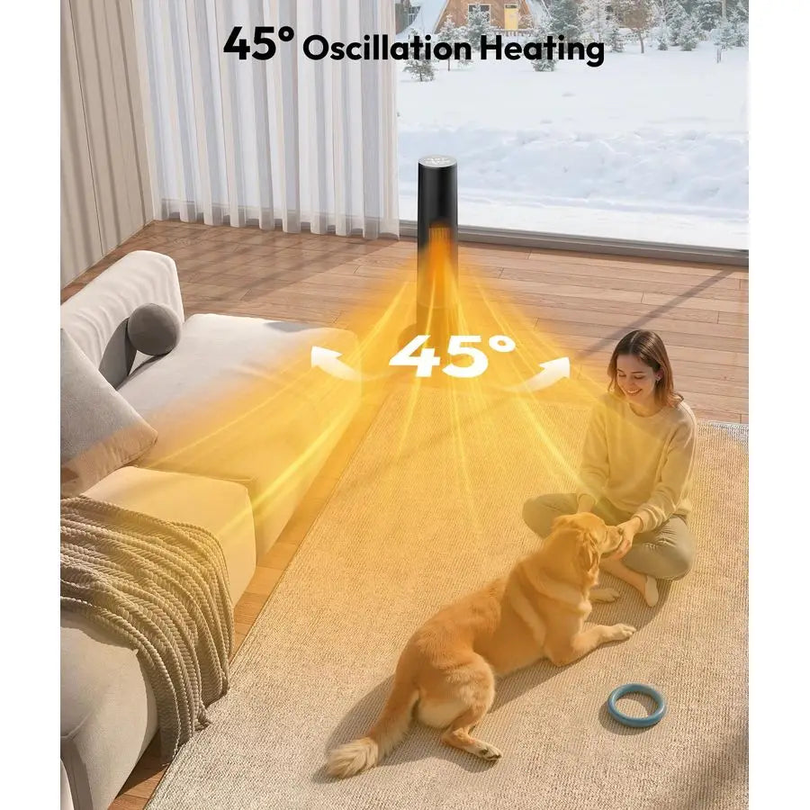 Electric Tower Heater with 3D Flame, Thermostat, Tip-Over Protection & Remote – 1500W Portable Space Heater for Bedroom & Office