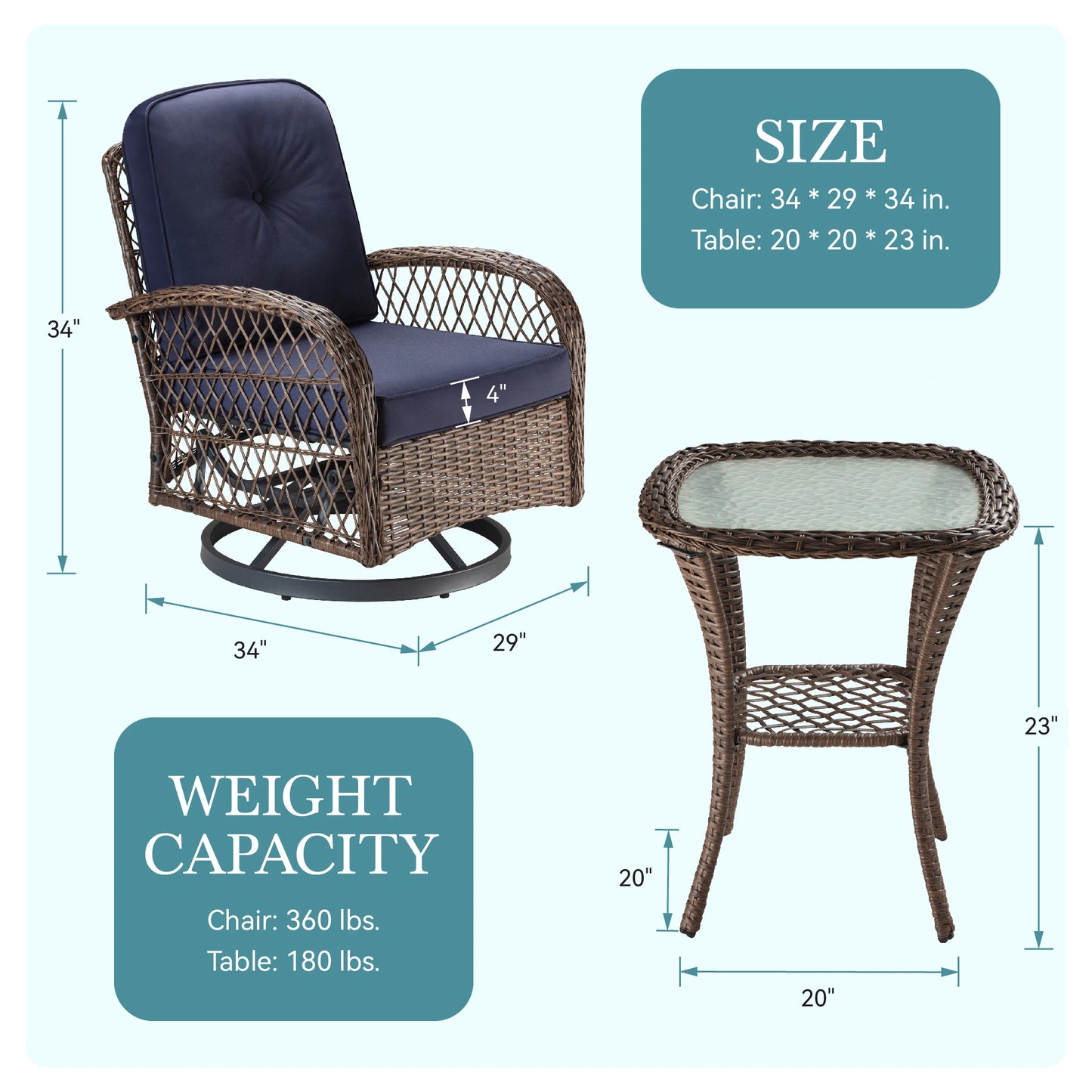 3-Piece Patio Bistro Set with Swivel Rocking Chairs & Glass Coffee Table