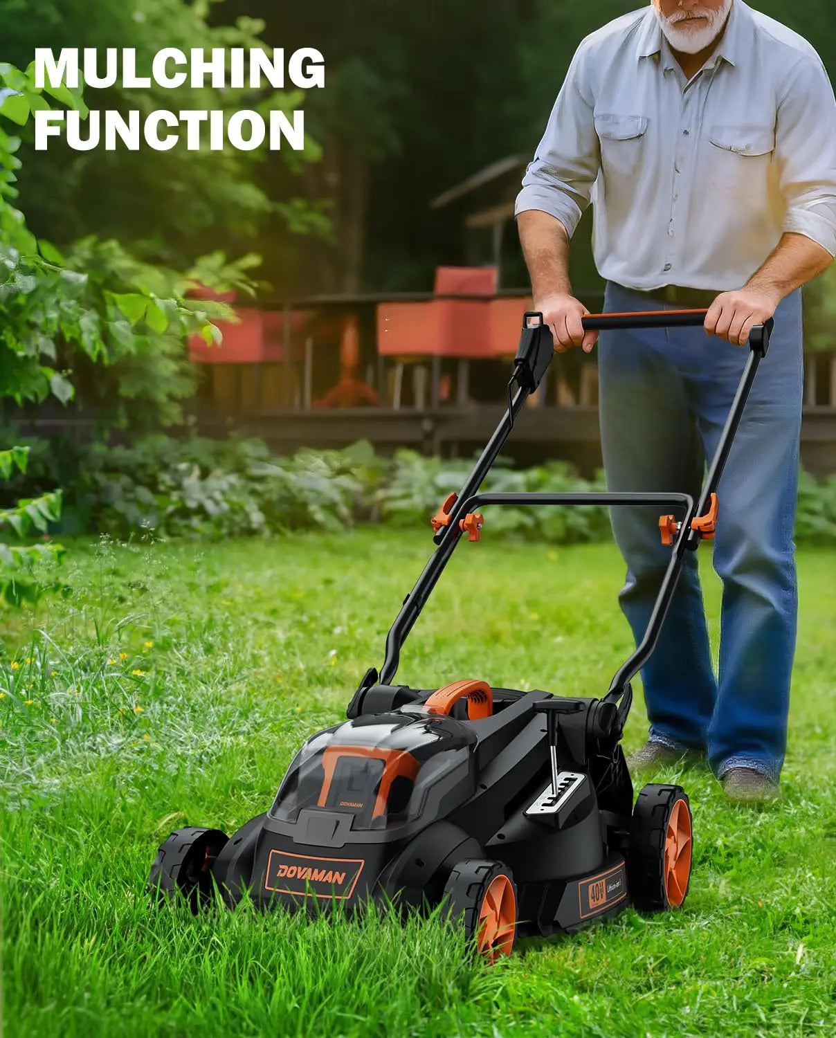 DOVAMAN 40V Brushless Lawn Mower, 16" Deck, 4Ah Battery, Single-Lever Height Adjust, 3-Step Fold Handle, Mulching & Bagging