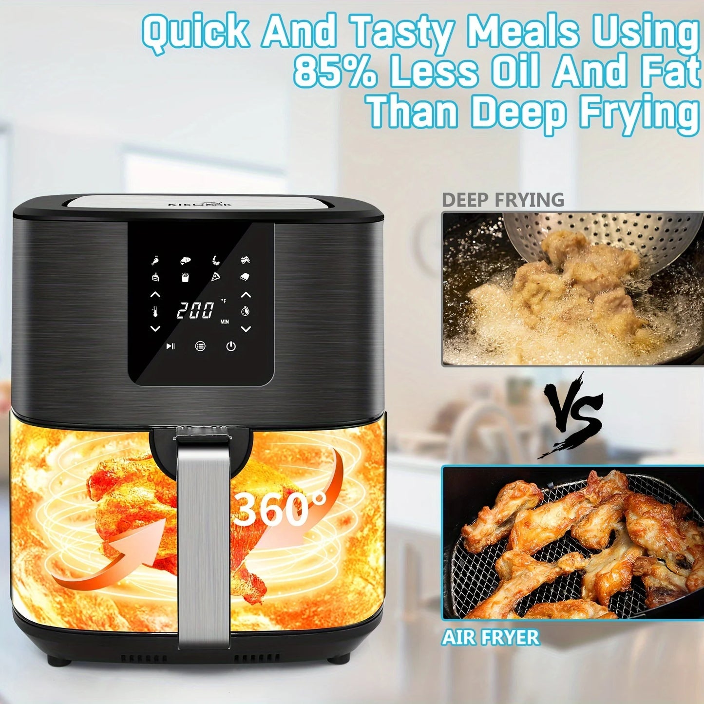 KitCook Large Air Fryer, 1500W 7QT AirFryer Cooker, Adjustable Temperature 100-400°F, 8 Presets Menu, Digital Touch Screen, Nons