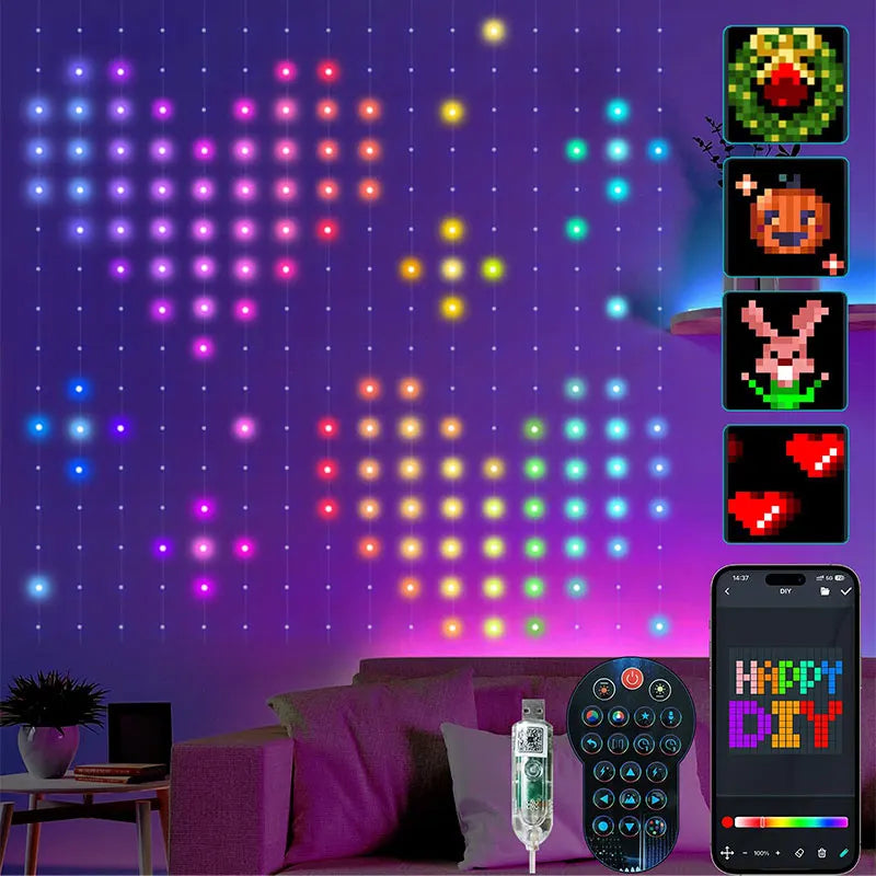 LED RGB Controlled Text Programmable Music Sync Remote Smart App String Fairy Lights Curtain