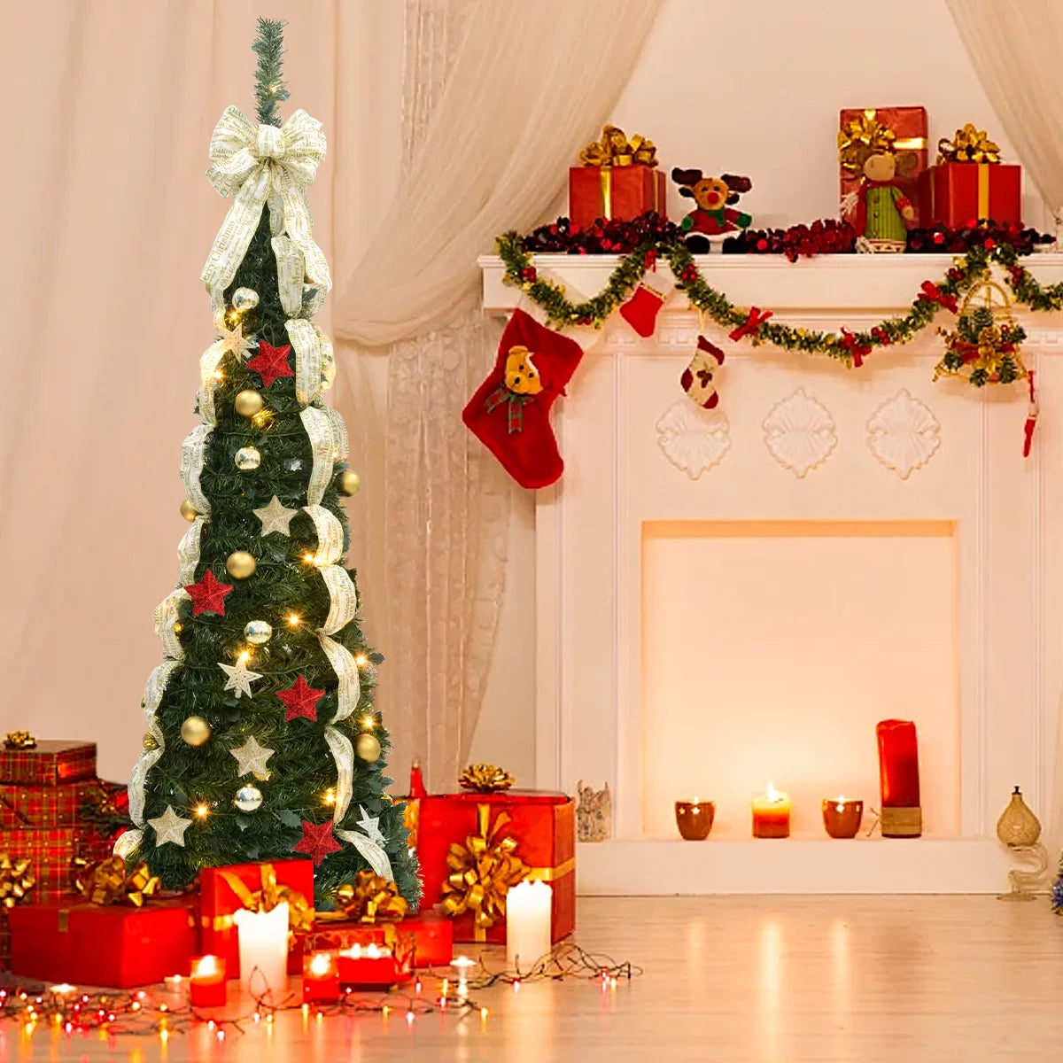 2025 Christmas Decorations 190/180cm Prelit Snow Flocked Artificial Christmas Tree Pop Up 100/200 Lights Party Home Decor Xmas