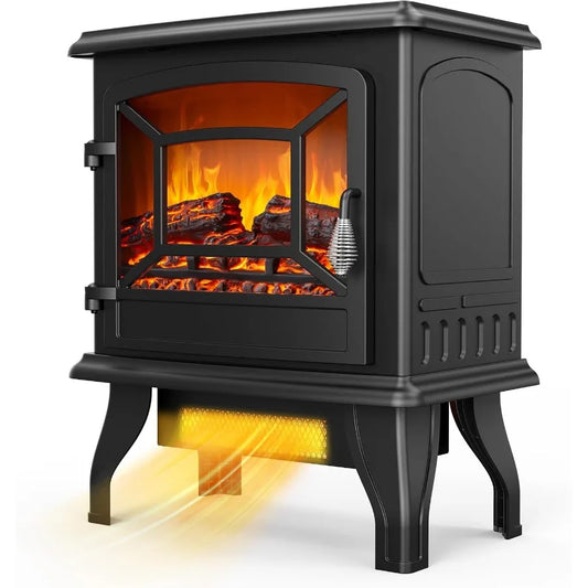 Electric Fireplace Stove Space Heater – 20" Freestanding – 1400W – Realistic Flame Logs – Thermostat – Tip‑Over & Overheat Protection – Black