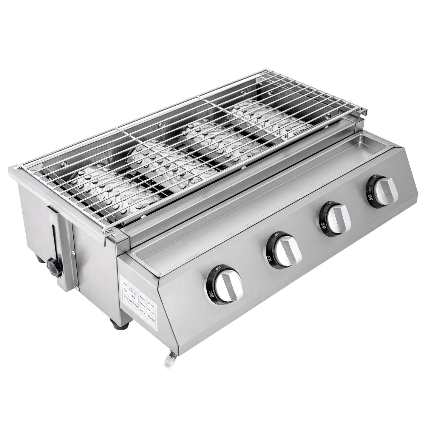 Portable 4-Burner Stainless Steel LPG Gas Grill – Smokeless Tabletop BBQ Grill with Adjustable Height and Removable Grate for Outdoor Cooking