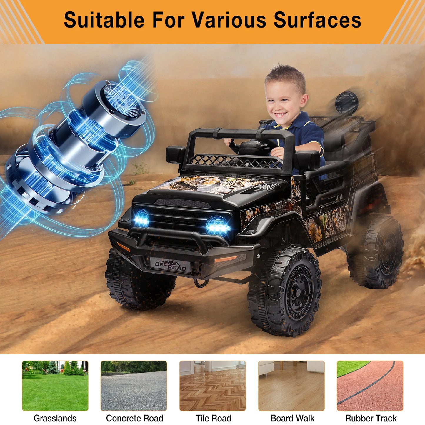 12V Ride-On Truck for Kids – 2 Seater Electric Vehicle with Remote Control, Bluetooth Audio & LED Lights