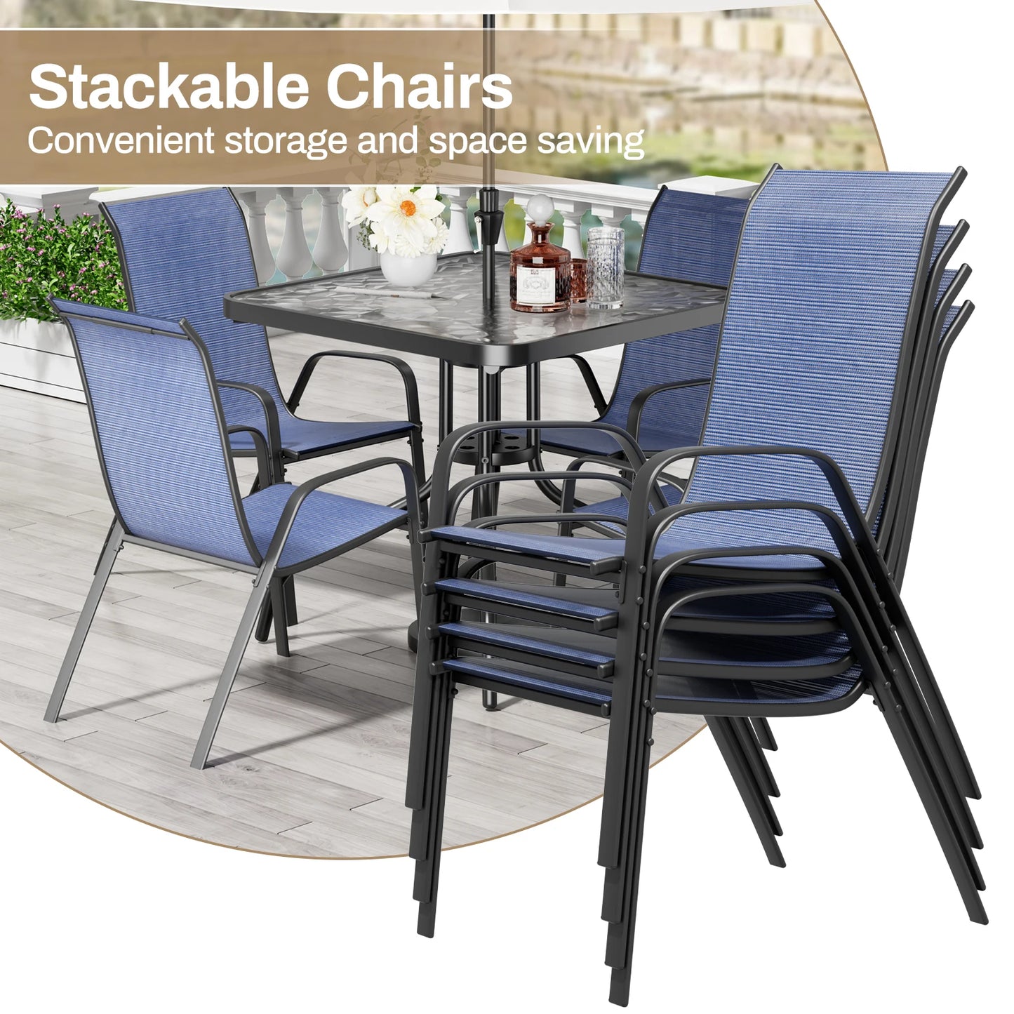 5-Piece Patio Dining Set Outdoor Furniture with Stackable Textilene Chairs & Glass Table