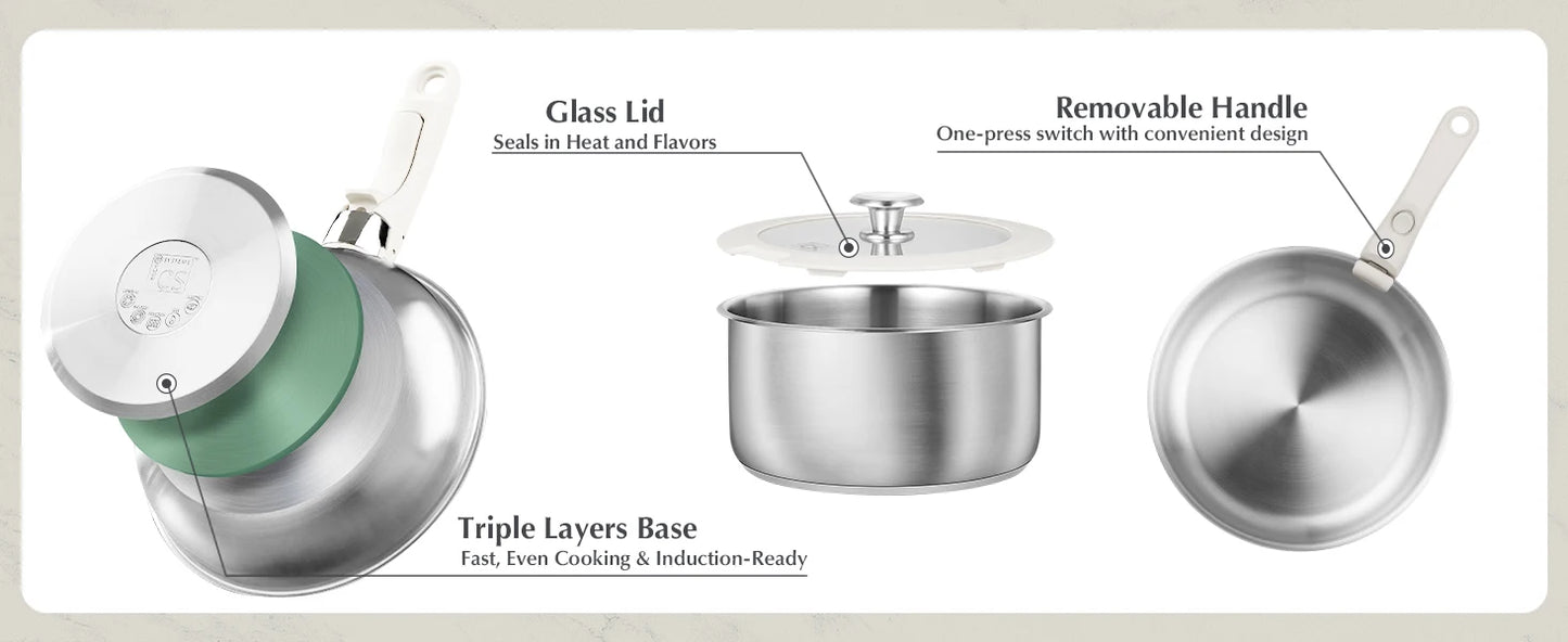 KOCH SYSTEME CS 7-Piece Stainless Steel Cookware Set with Detachable Handle – Induction Ready, Oven Safe, Space-Saving Design