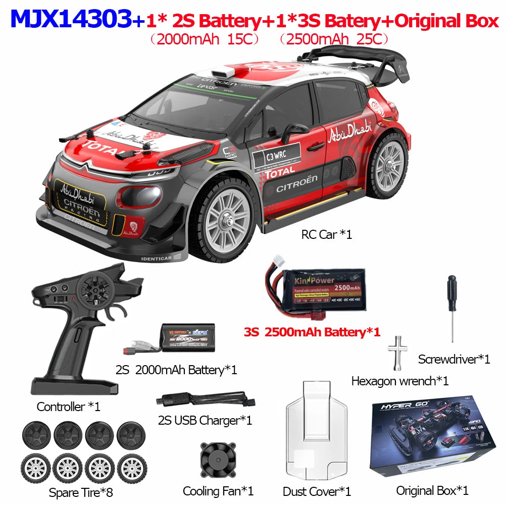 MJX Hyper Go 14304 1:14 Volkswagen Polo R WRC Brushless RC Car – 42KM/H Drift Rally Racer with Gyro, Lights & Metal Chassis