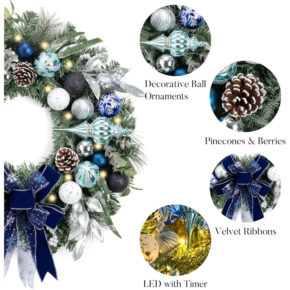 Large Outdoor Lighted Christmas Wreath with Silvery Blue Accents for Front Door, 24 Inch Pre-Lit Holiday Decoration