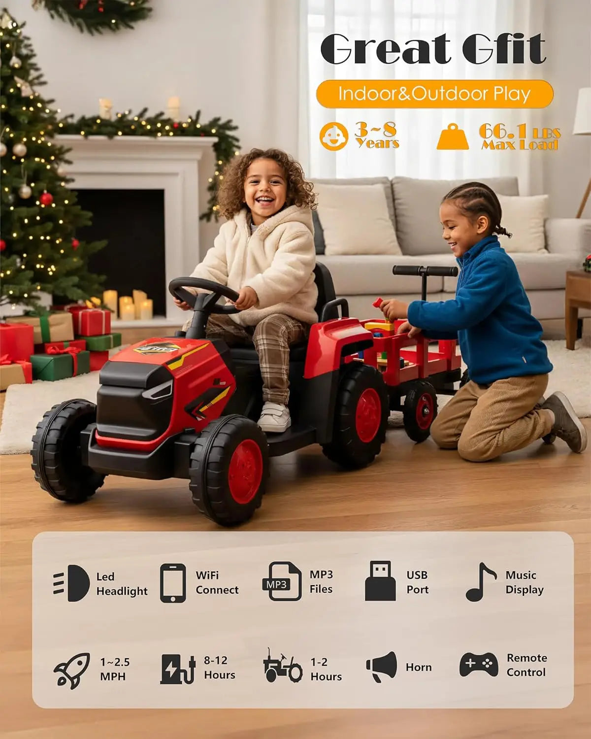 12V Ride-On Tractor with Detachable Trailer – Electric Kids' Truck with Remote Control, Bluetooth Music & 8-Wheel Design for Ages 3–8