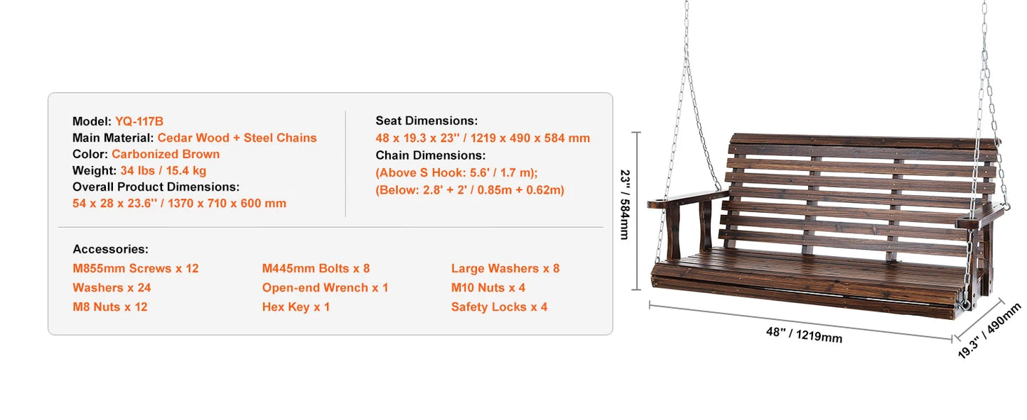 Wooden Porch Swing 5 FT – Heavy-Duty Outdoor Hanging Bench