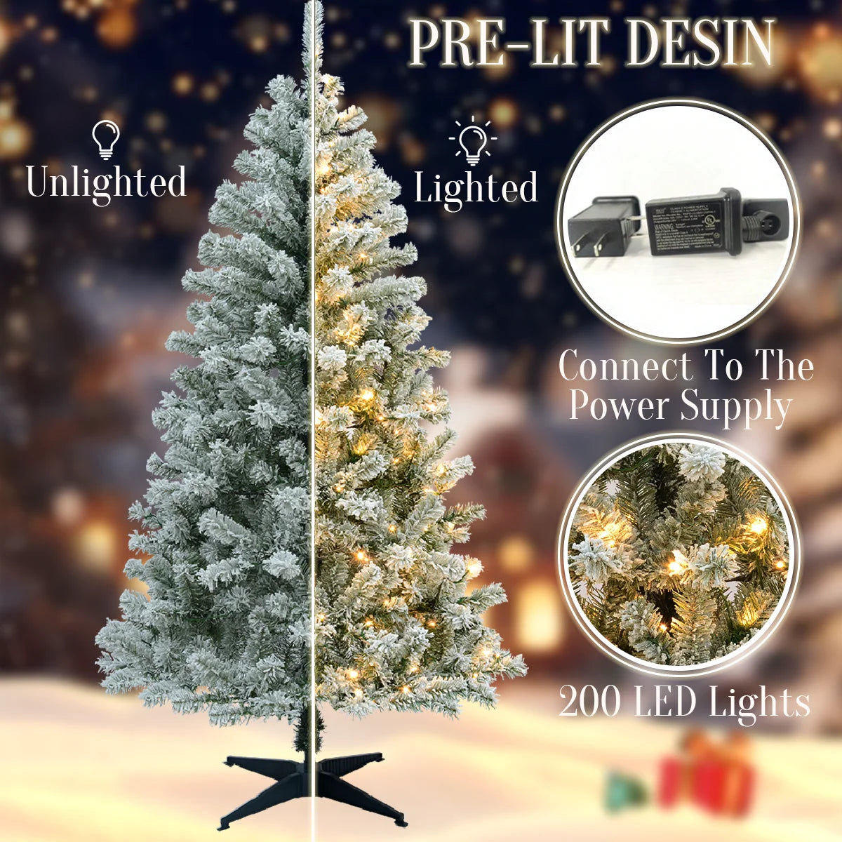 2025 Christmas Decorations 190/180cm Prelit Snow Flocked Artificial Christmas Tree Pop Up 100/200 Lights Party Home Decor Xmas
