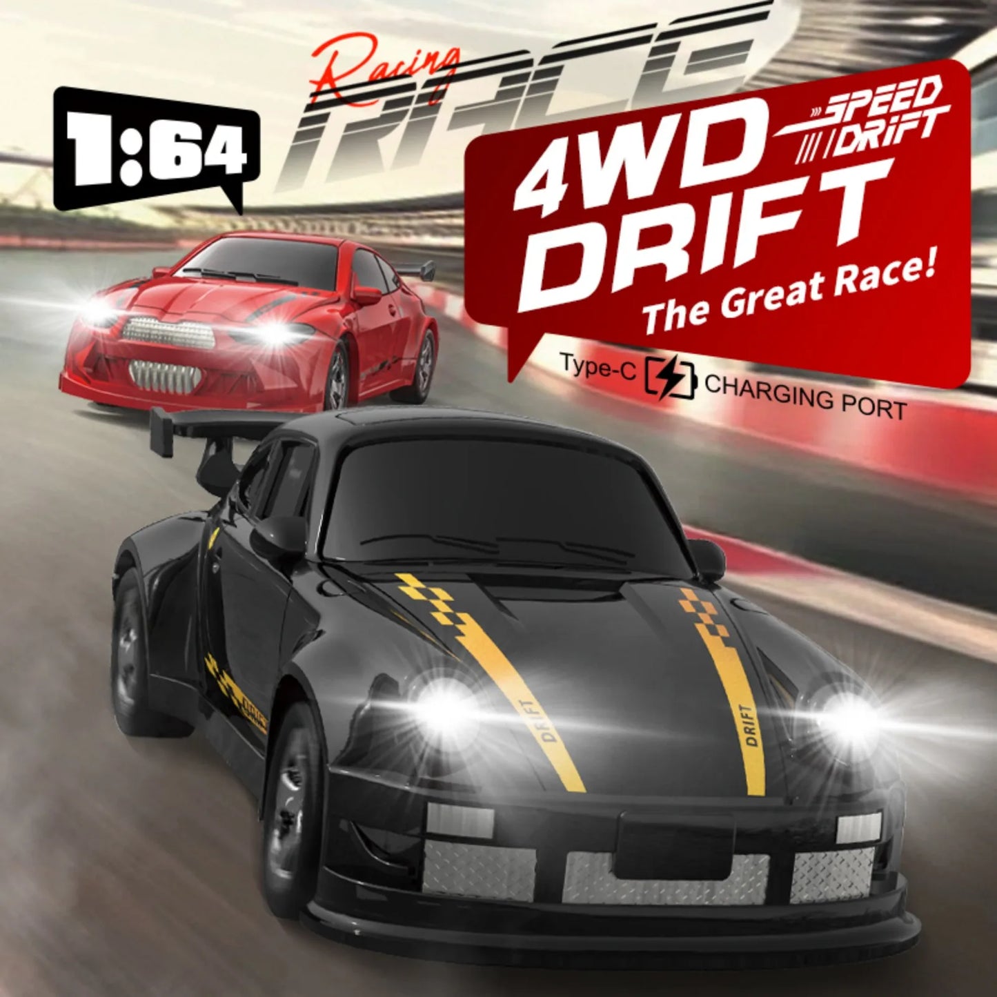 KF20 1:64 Mini Drift RC Car – 4WD Remote Control Racing Car with LED Lights, USB-C Charging, Full Proportional Control Toy for Kids & Adults