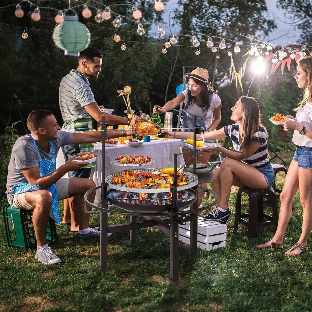 Heavy Duty Cast Iron Charcoal Grill Tabletop BBQ Grill Stove for Camping & Picnics – Adjustable Height & Rotisserie – 33” Round Cooking Area – 108cm Tall