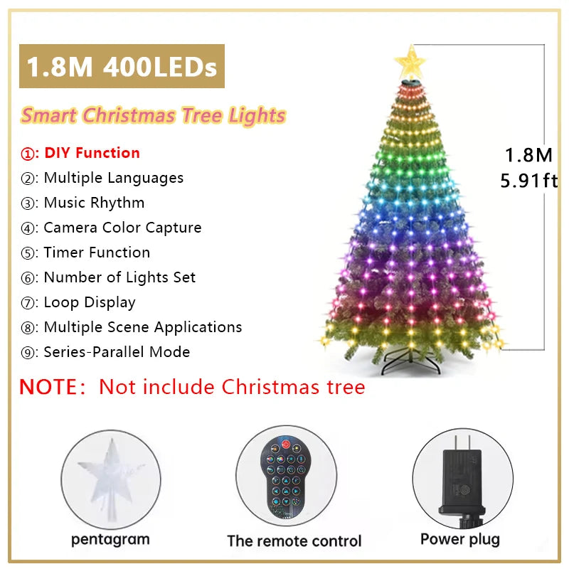 Waterproof  Smart APP Control LED Waterfall Christmas Tree String Lights with Star Topper for Christmas Party Holiday Decoration