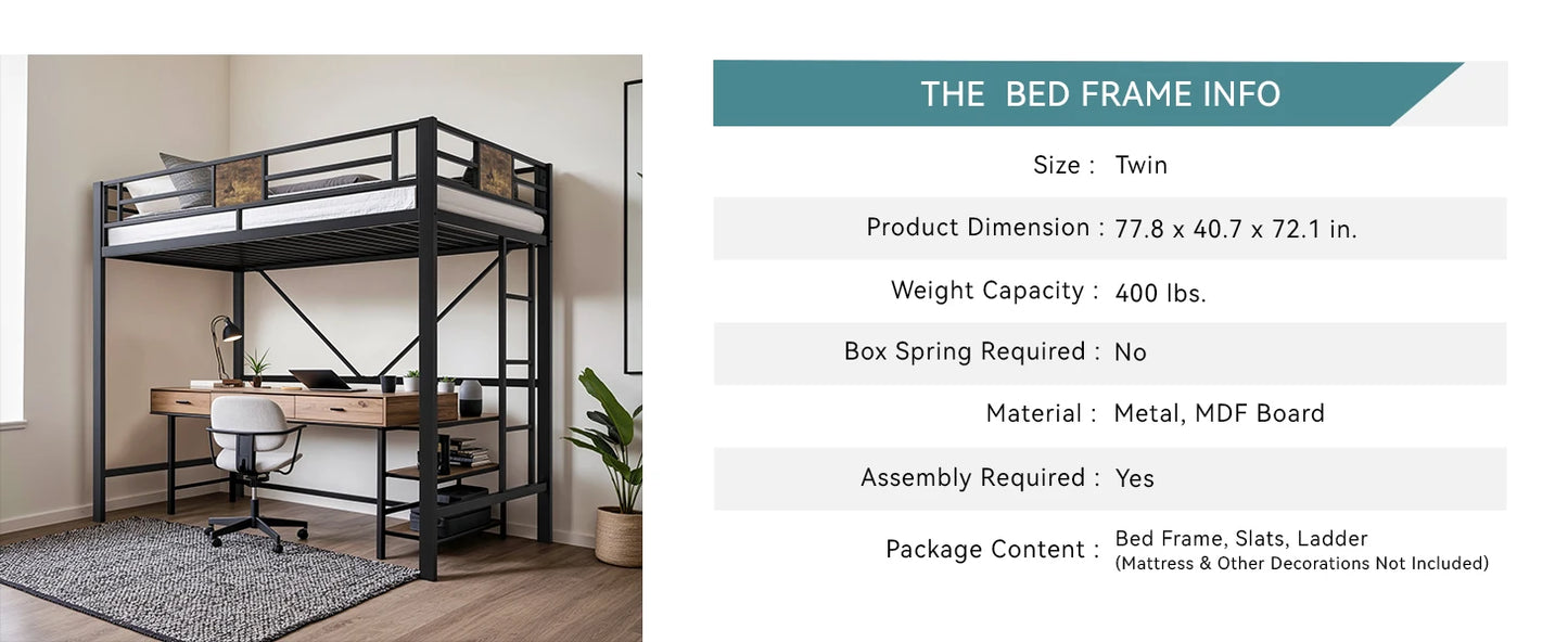HOOMIC Twin Size Loft Bed Frame with Full-Length Guardrail