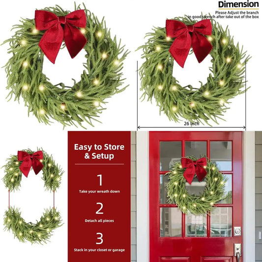 26-Inch Pre-Lit Christmas Artificial Lighted Pine Winter Wreath Christmas Decor