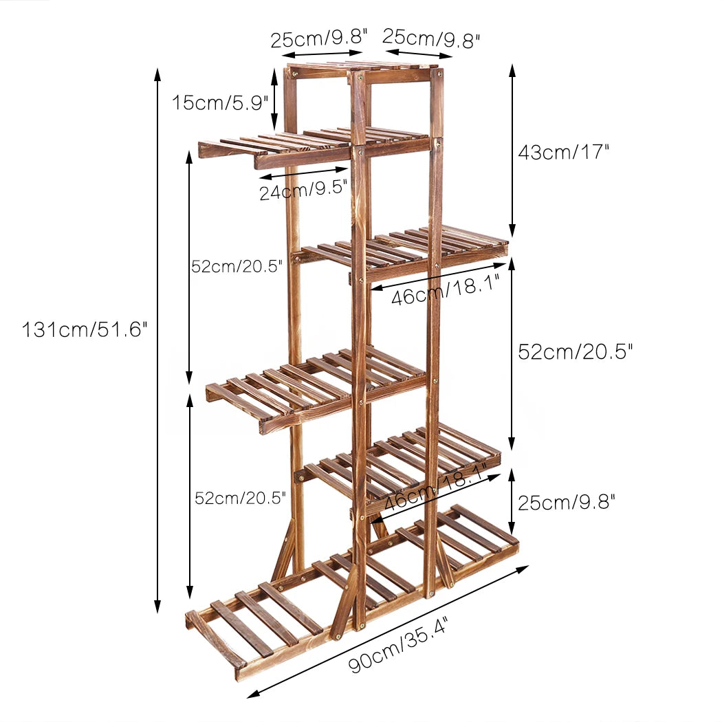 6 Tier Wooden Plant Stand Carbonized Wood Flower Pot Rack for Indoor & Outdoor Display