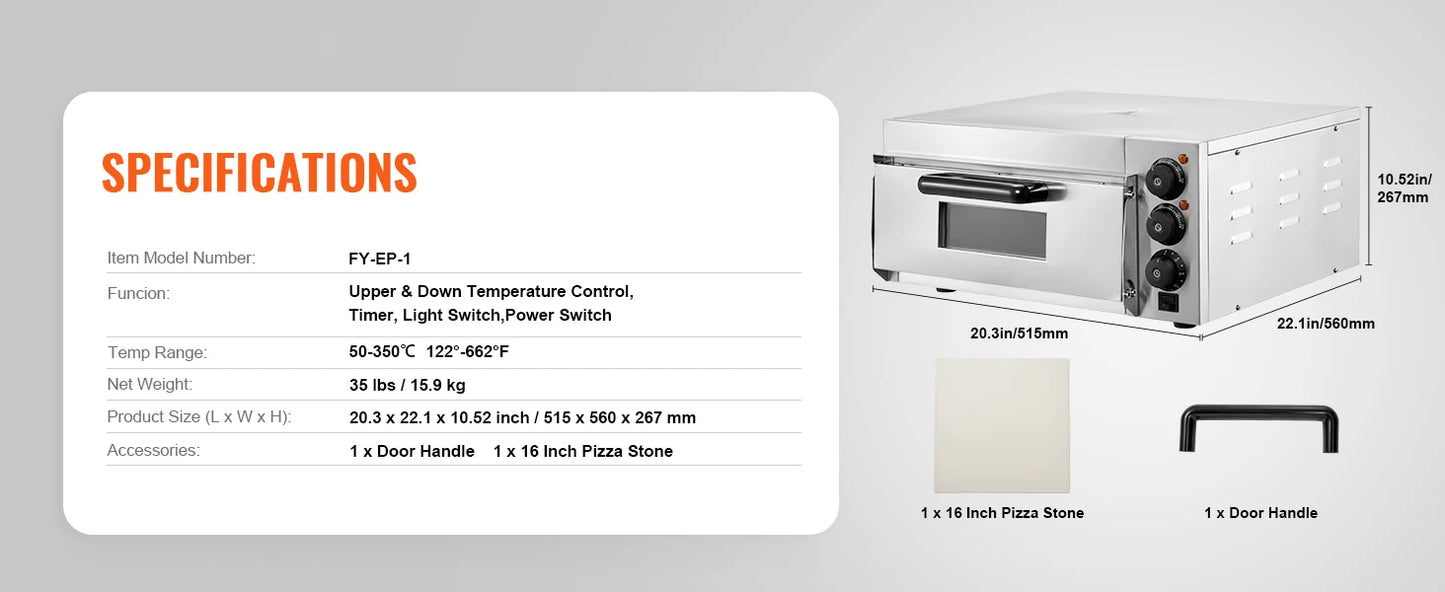 VEVOR 16" Countertop Electric Pizza Oven with Dual Heating Tubes & Adjustable Temp Control, Stainless Steel Commercial Pizza Maker
