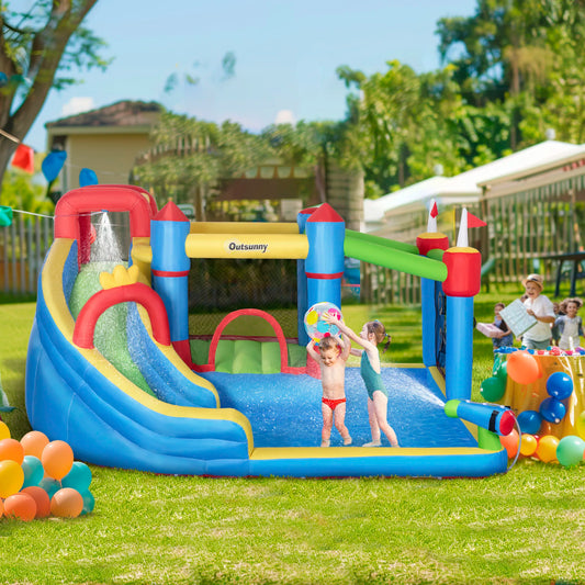 6-in-1 Inflatable Bounce Castle with Slide, Trampoline, Climbing Wall & Water Pool – Outdoor Kids Water Park Playhouse