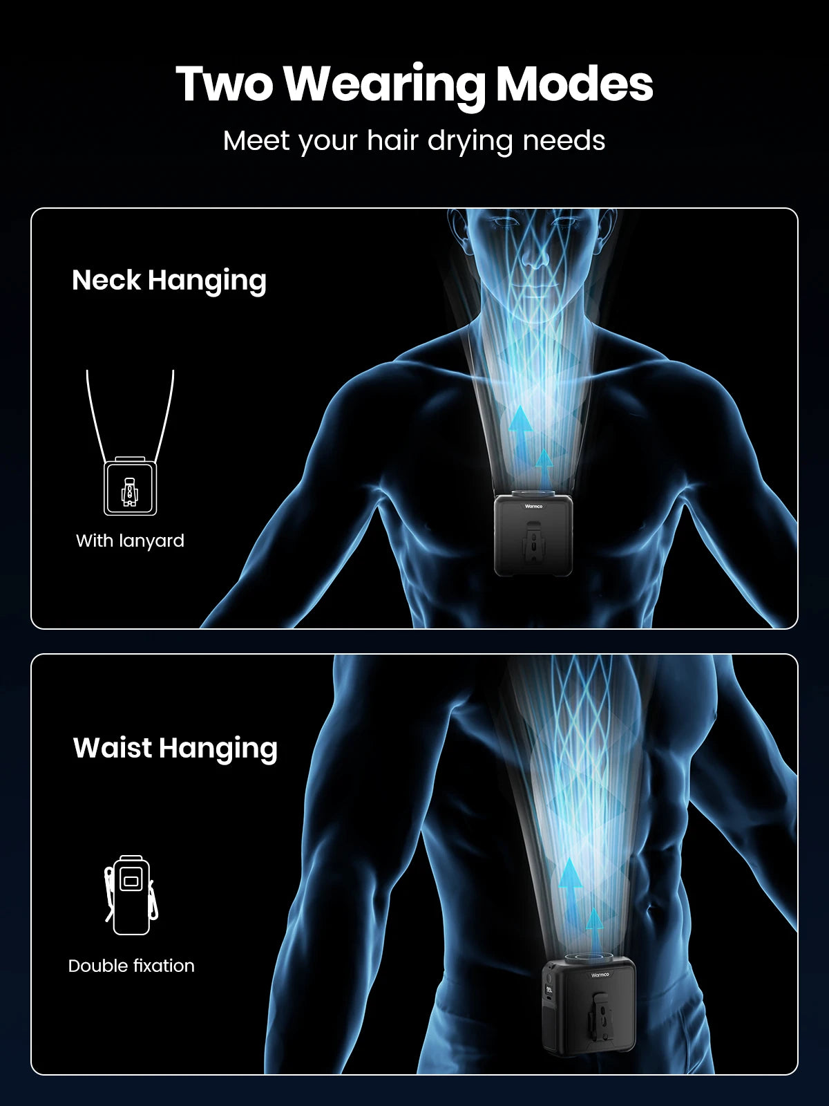 Warmco Portable Waist Fan 10000mAh Rechargeable 4-Speed Belt Clip-On Personal Neck Fan with Flashlight & Power Bank