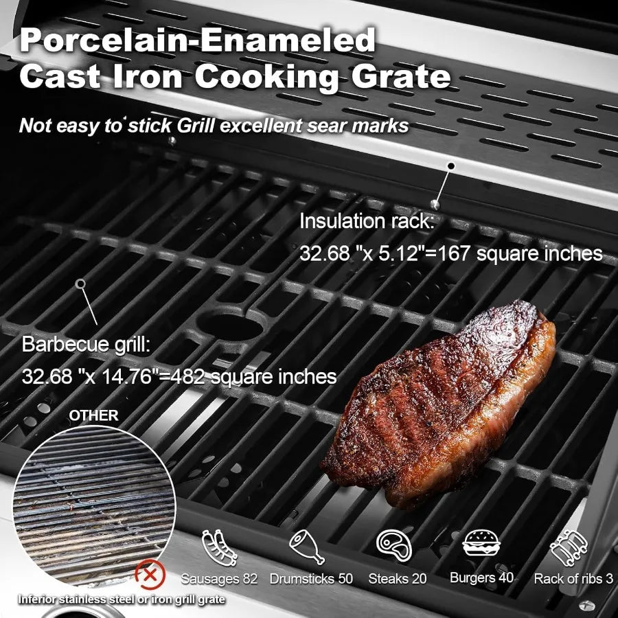 60000 BTU Stainless Steel 6 Burner Propane BBQ Grill with Side Stove – Cast Iron Grates – Outdoor Patio Gas Grill for Backyard, Camping & Tailgating – 600 Sq. In. Cooking Area