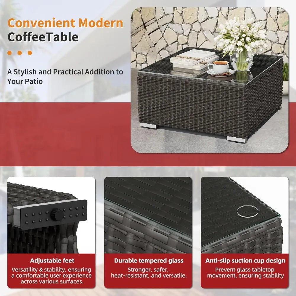 7-Piece Outdoor Patio Furniture Set – Wicker Sectional Sofa with Cushions & Glass Coffee Table