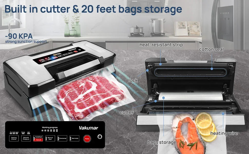 Vakumar VH5186 Food Vacuum Sealer Machine | Automatic Kitchen Sealer with Built-In Cutter & Bag Storage