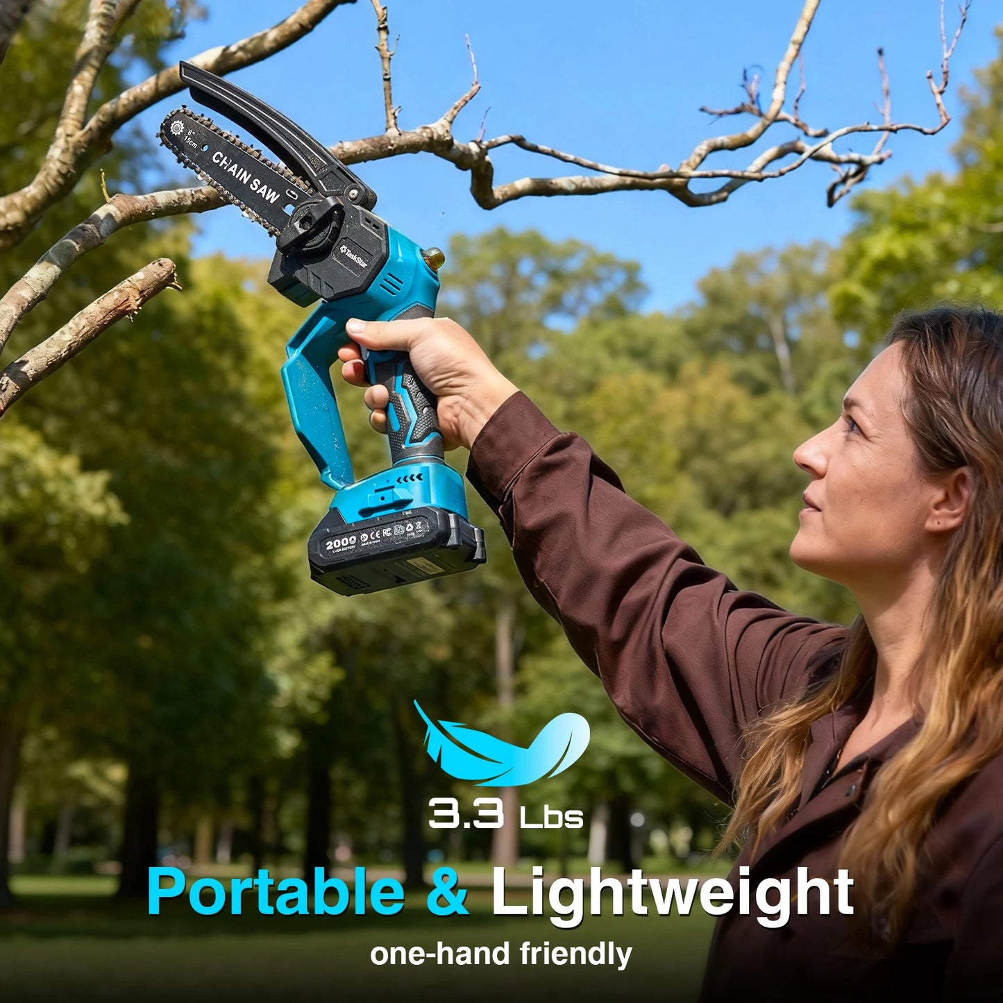 TaskStar 12" Cordless Electric Chainsaw with 2 x 4000mAh Batteries – Brushless Motor, Tool-Free Tensioning, Lightweight & Portable