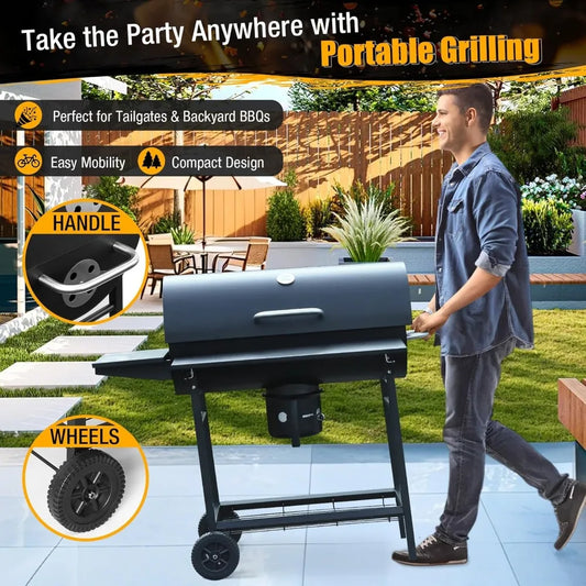 Outdoor Barrel Charcoal BBQ Grill with Side Table and Wheels – High-End Smoker Combo