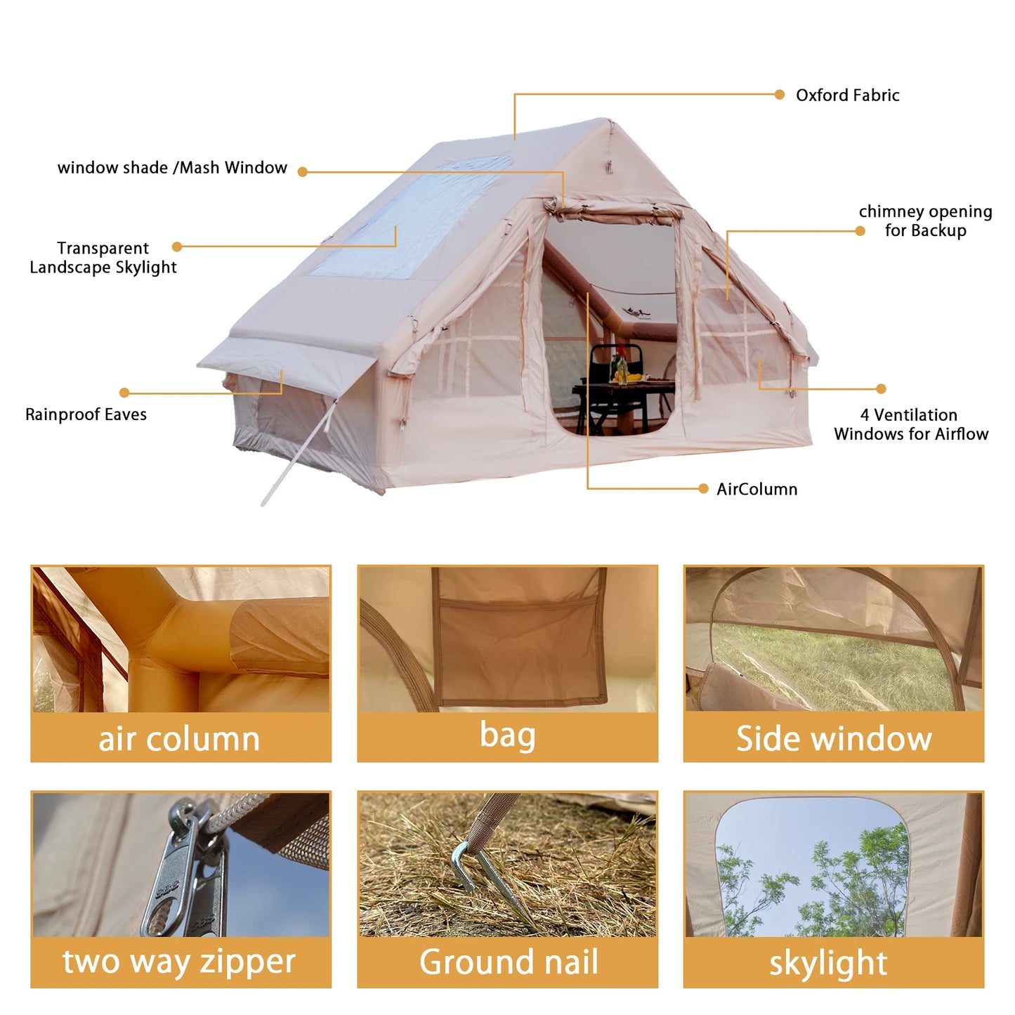 PAKICETUS Inflatable Camping Tent with Skylight, Quick Setup Family Glamping Tent for 4-6 People