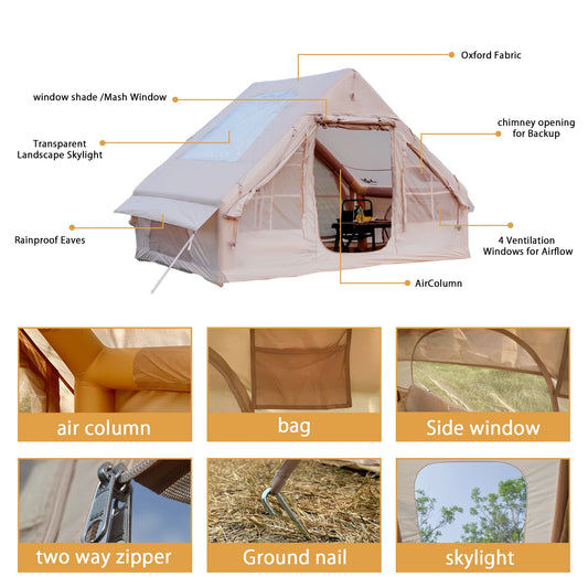 PAKICETUS Inflatable Camping Tent with Skylight, Quick Setup Family Glamping Tent for 4-6 People