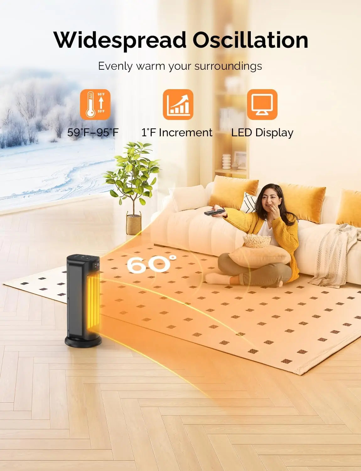 Portable 1500W Ceramic Heater with Thermostat, Oscillation, ECO Mode & Remote – Safe & Smart Indoor Heating