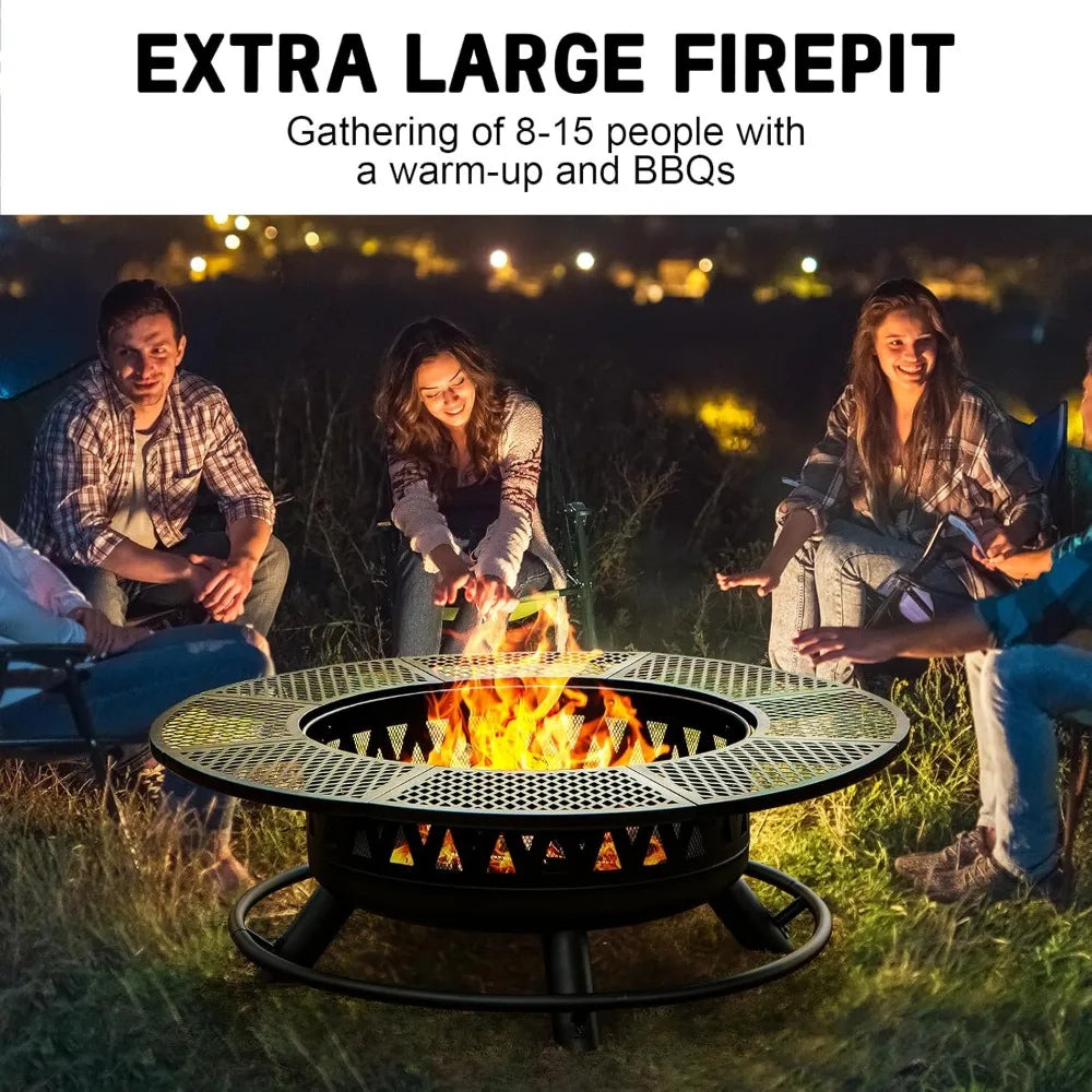 47 Inch Fire Pit with 2 Grills, Outdoor Extra Large Firepits for Outside, Wood Burning Fireplace for Camping, Picnic, Bonfire