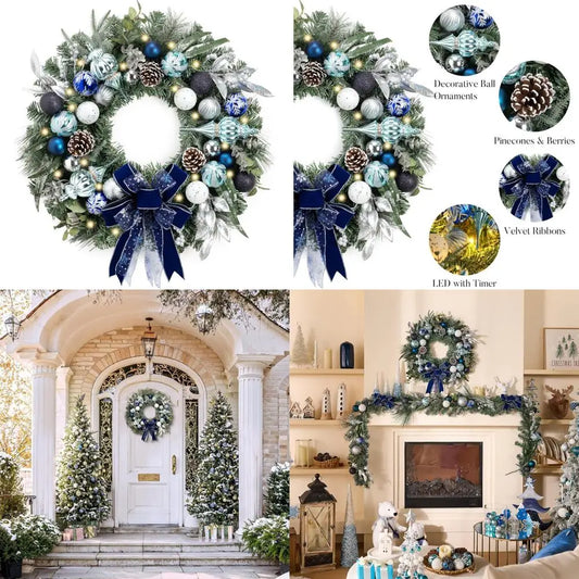 Large Outdoor Lighted Christmas Wreath with Silvery Blue Accents for Front Door, 24 Inch Pre-Lit Holiday Decoration