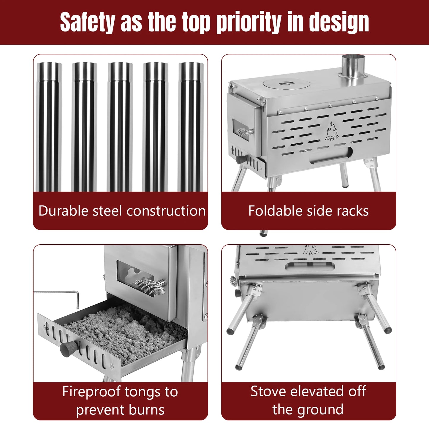 Portable Wood Burning Stove – Stainless Steel Tent Stove with Chimney Pipe & Pellet Burner for Outdoor Cooking
